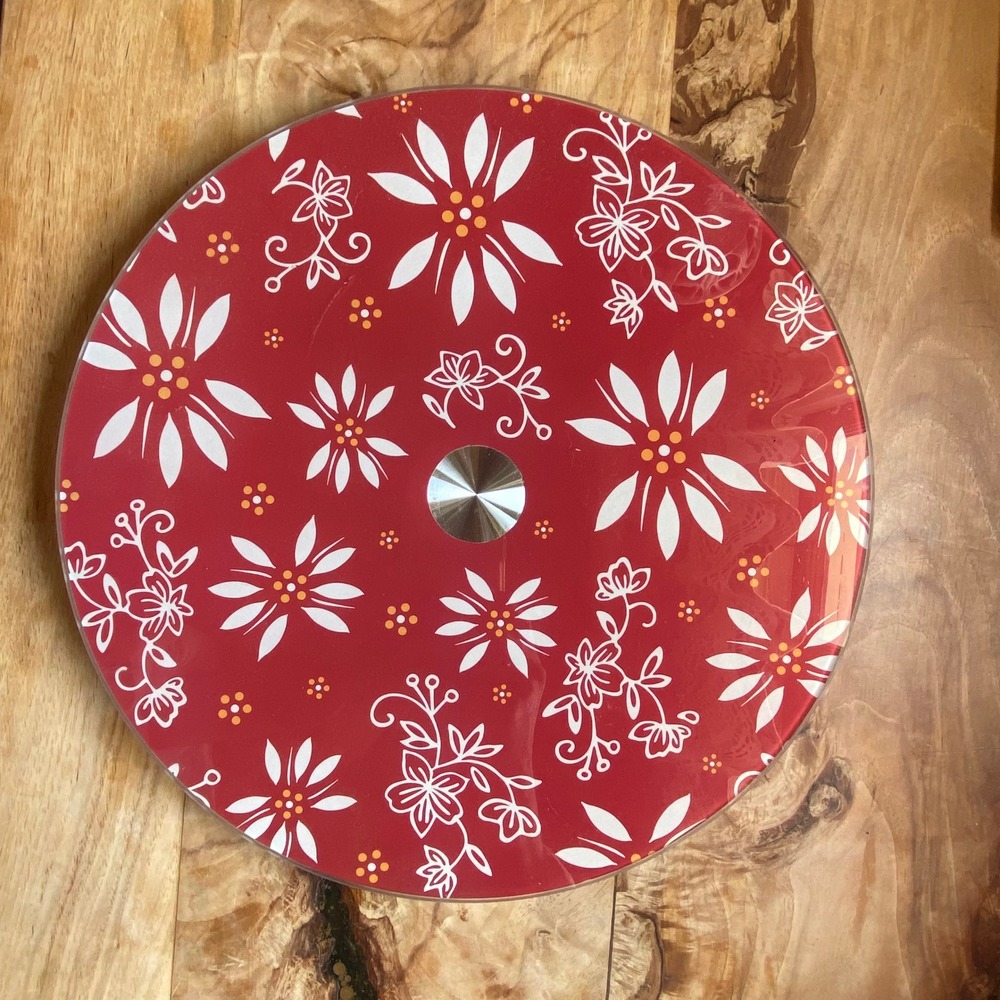 Temp-tations Lazy Susan Server 12in Classic Red‎ Floral Glass Sharing Circle
